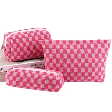 EIMMBD Makeup Bag 3 Pieces Large Capacity Checkered Cosmetic Bag Canvas Travel Toiletry Bag Organizer Cute Makeup Bag Pouch Storage Bag for Women(Rose)