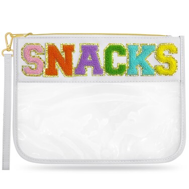 LSxia Chenille Letter Clear Travel Zipper Pouch Nylon Makeup Bag, Preppy Makeup Bag Clear Cosmetic Toiletry Bag, Water-proof Makeup Travel Pouch Snack Bags for Women (White-Snacks)