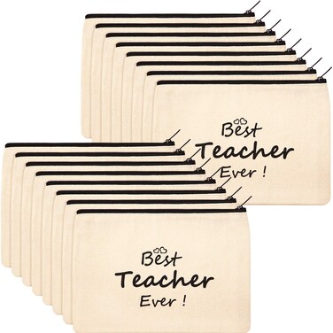 Frienda 16 Pieces Teacher Makeup Bag Multipurpose Cosmetic Bag Teacher Travel Toiletry Pouch Teacher Gift Canvas Bags with Zipper for Women Teacher(Best Teacher Ever)