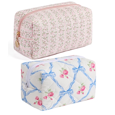 HHQQWZ Makeup Bag Travel Cosmetic Bag for Women Girls, Zipper Make Up Pouch, Floral Flowers Toiletry Organizer Makeup, Portable Storage Bag, Cosmetic Travel Cloth Bag (Pink+Blue Bowknot)
