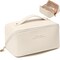 Travel Open Flat Makeup Bag, Large Capacity Travel Cosmetic Bag for Women, Portable Cosmetic Pouch PU Leather Waterproof Open Flat Travel Toiletry Bag Make up Organizer Bag with Divider and Handle