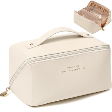 Travel Open Flat Makeup Bag, Large Capacity Travel Cosmetic Bag for Women, Portable Cosmetic Pouch PU Leather Waterproof Open Flat Travel Toiletry Bag Make up Organizer Bag with Divider and Handle