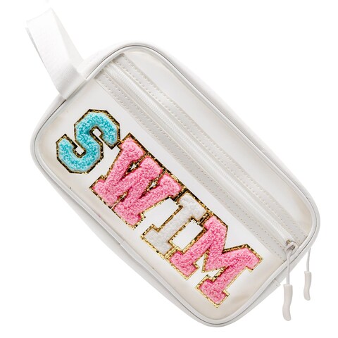 COSHAYSOO Clear SWIM Makeup Bag with Preppy Letter Patch Beach Pool Travel Essential Gifts for Women Swimmer Swimming Team Teenager Girls Cute Toiletry Zipper Pouch Cosmetic Purse Organizer
