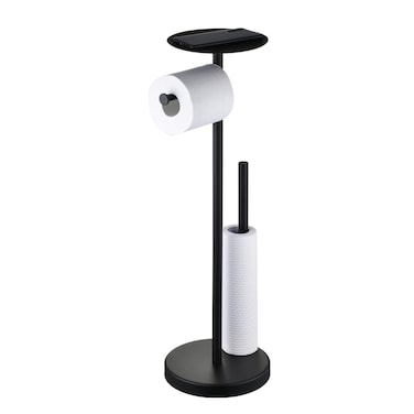 Toilet Paper Holder Stand with Shelf, Free Standing Toilet Roll Holder with Storage Reserve, Bathroom Tissue Dispenser Floor Stand, Matte Black/SUS304 Stainless Steel, SHUNLI