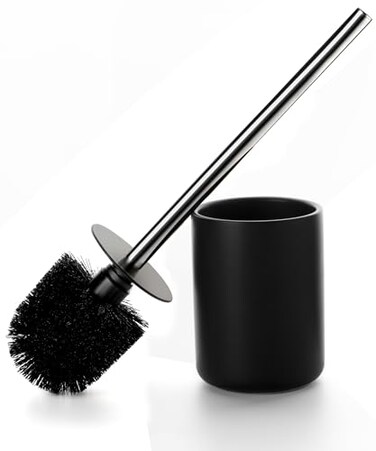 Viosuniu Ceramic Toilet Brush &amp; Holder Set - Freestanding Deep-Cleaning Toilet Bowl Cleaner Brush, Stainless Steel Handle, Small &amp; Sturdy for Storage, Easy to Clean, Non-Scratching, Rust-Proof (Black