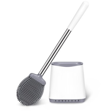 Toilet Brush, Silicone Toilet Brush and Holder, Flexible Toilet Bowl Brush Head with Ventilated Holder, Wall Mounted Compact Toilet Brush Set for Bathroom Cleaning (1, White)