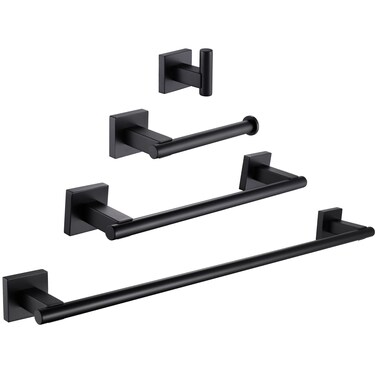 Suyar Matte Black Bathroom Hardware Set, 304 Stainless Steel 4 Pieces Bath Accessories Kit, Include Coat Hook, Toilet Paper Holder, Hand Towel Holder, Towel Bar, Wall Mounted