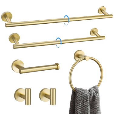 6 Pcs Bathroom Hardware Set Brushed Gold Towel Bar Set Includes 19.68/23.6-Inch Towel Bar, Round Towel Ring, Toilet Paper Holder and Clothes Hook Stainless Steel Wall Mounted