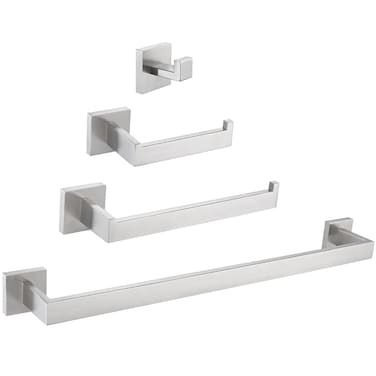Bathroom Hardware Set 4-Piece, Angle Simple SUS304 Stainless Steel Bath Accessory Kit, Bathroom Fixture Set with Robe Hook, Toilet Paper Holder, Towel Holder and Towel Bar Brushed Nickel