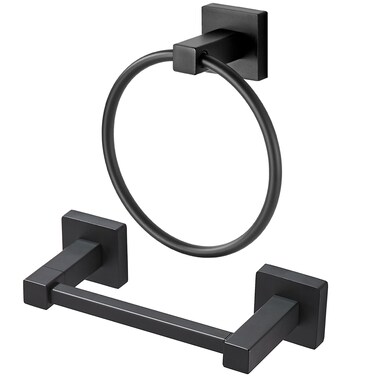 BigBig Home Black Toilet Paper Holder Towel Ring, Matte Black Toilet Roll Holder Hand Towel Holder, Modern Towel Holder for Bathroom Wall Mounted Double Post Toilet Tissue Holder 2 Pieces Set