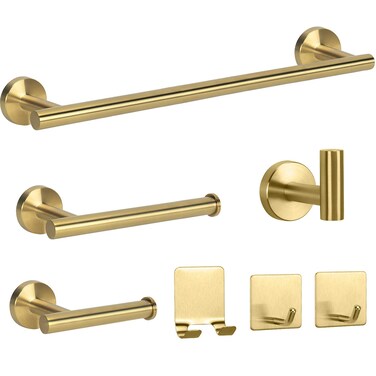 NearMoon 7 Pieces Bathroom Hardware Set SUS304 Thicken Stainless Steel-Towel Rack Set Include 24" Towel Rod+ 9" Hand Towel Bar+ Toilet Paper Holder+3Robe Towel Hooks Bathroom Accessories (Gold)