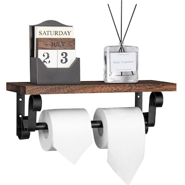 Lavievert Industrial Toilet Paper Holder, Double Roll Toilet Tissue Holder with Rustic Wood Shelf, Wall Mounted Pipe Toilet Paper Dispenser for Bathroom, Washroom, Kitchen - Dark Brown