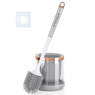 Aokala Silicone Toilet Brush and Holder Set, Toilet Bowl Brush with Tweezers Long Handle, Toilet Cleaner Brush for Bathroom Deep Cleaning, Elegant Toilet Scrubber Bathroom Accessories (Light Gray)