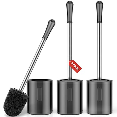 AONEZ Compact Size Toilet Brush &amp; Holder, 3 Pack, Stainless Steel Handle, Space Saving for Storage, Drip-Proof, Easy to Assemble, Black
