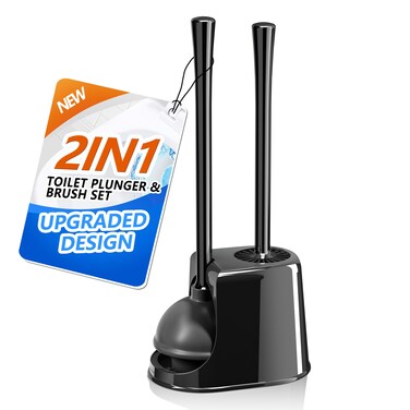 Toilet Plunger and Brush Set, Toilet Brush and Plunger with Ventilated Holder, 2-in-1 Bathroom Cleaning Combo with Caddy Stand(Black)