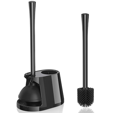 Toilet Plunger and Brush Set, Silicone Bowl Brush and Heavy Duty Toilet Plunger with Ventilated Holder, 2-in-1 Toilet Brush and Plunger Combo for Bathroom Deeply Cleaning (1, Black01)