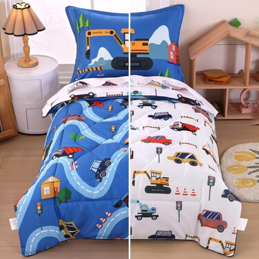 Wowelife Cars Toddler Bedding Sets for Boys and Girls 4 Pieces Cars Toddler Comforter Toddler Bed Set Blue White Kids Comforter Set with Comforter, Flat Sheet, Fitted Sheet and Pillowcase