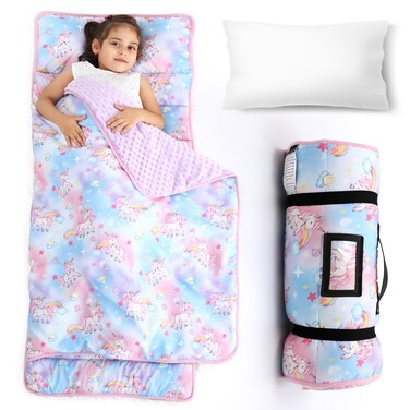 COSMOPLUS Toddler Nap Mat for Daycare: Kids Sleeping Bag with Pillow and Blanket Set for Preschool Kindergarten Boys Girls Travel Naptime Extra Long Thick Padded Easy Roll up, Unicorn