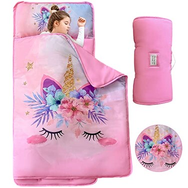 Unicorn Toddler Nap Mats for Preschool Daycare Girls Pink Cartoon Kids Sleeping Mats Toddler Slumber Bag Nap Pad with Removable Pillow for Girls Boys Kindergarten Sleepovers Travel and Camping