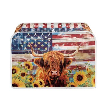 Baxinh American Flag Toaster Cover 4 Slice Wide Slot, Highland Cow Sunflower Print Bread Maker Cover Toaster Covers, Washable Stain Resistant Small Appliance Cover, Yellow