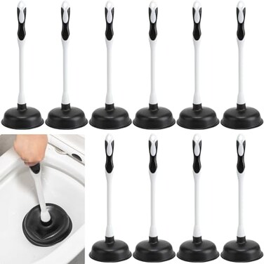 Uiifan 10 Pcs Toilet Plunger Bulk with Plastic Handle 16.54 x 5.71 Inches Rubber Bowl Brush Plungers for Bathroom Heavy Duty Plunger for Drain Cleaning (Brown)