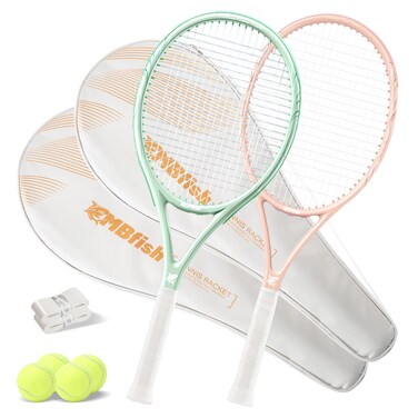 MBFISH Tennis Racket - Super Value Set with Pre-Strung, 27'' Tennis Racquet for Beginner, Comfortable Handle, Includes 4 Tennis Balls, 2 Overgrips and 2 Tennis Bag (Coral Green)