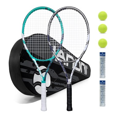 Tennis Racket for Kids 23'' Kid's Tennis Racquet Set of 2-2 Chird Tennis Rackets with 3 Balls,2 Grips,2 Vibration Dampers-Gray and Green