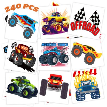 winthrop 240 Pcs Monster Truck Temporary Tattoos for Kids, Individually Wrapped Waterproof Safety Truck Tattoos Stickers, Best Choice for Classroom Gifts Bag Stuffers, 60 Different Designs Big Cars