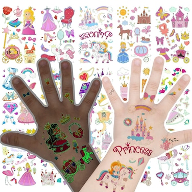 VIWIEU Kids Princess Temporary Tattoos Bulk Glow in the Dark 15 Sheets, Girls Luminous Birthday Party Favor Gift, Children Body Decorations Pi&Atilde;&plusmn;ata Fillers - Castle, Princess, Butterfly, Dress Tattoos