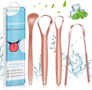 WOOKINGWA Tongue Scraper for Adults and Kids,100% Stainless Steel Tongue Scraper with Travel Case,4 Shapes,Perfect for Bad Breath &amp; Oral Hygiene,Easy to Use and Carry(4-Pack),Rose Gold