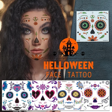 Day of the Dead Tattoo Stickers Halloween Face Temporary Tattoo Decals Spider Web Rose Flower Stickers for Kids Adults Face Art Decoration Halloween Party Fake Decor Stickers
