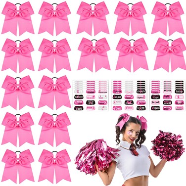 Tisancy 16 Pcs 8" Large Cheer Hair Bow and 15 Sheets Breast Cancer Awareness Temporary Tattoos Ribbon Stickers for Fundraising Party Teen Girls College Cheerleading Decoration(Pink Ribbon)