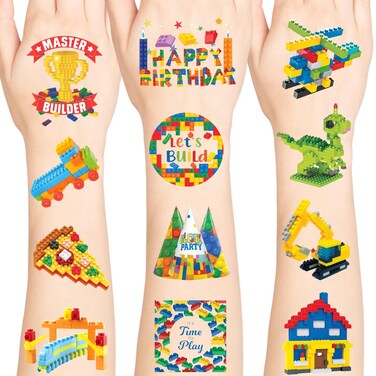 Building Block Individually Wrapped Tattoos, Block Temporary Tattoo Stickers, Building Blocks Birthday Decoration Party Supplies, Blocks Party Favors Gifts Rewards Activity for Kids Boys Girls