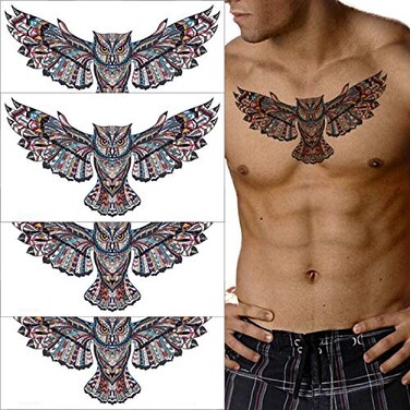 Fanoshon Large Owl Temporary Tattoos for Adult Men Teens, 4 Sheets Cool Chest and Back Fake Halloween Body Makeup Design Stickers Body Art Tattoos