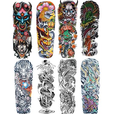 Fake Dragon Sleeve Tattoo Stickers Full Arm Dragon Temporary Tattoos Sleeves for Adult Kids Women Makeup,8-Sheet