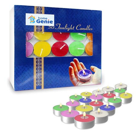 HOME GENIE Tea Lights Candles in Bulk, 50 Pack, 3 to 4 Hour Burn, Smokeless, Dripless &amp; Long Lasting Paraffin Tea Candles, Scented Votive tealight Candles for Home, Weddings (Multicolor)