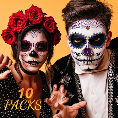 Day of the Dead Face Tattoos,10 Packs D&Atilde;&shy;a de Los Muertos Temporary Face Tattoos Sticker Kit Halloween Sugar Skull Skeleton Floral Full Face Tattoo Stickers Day of the Dead Makeup Decorations