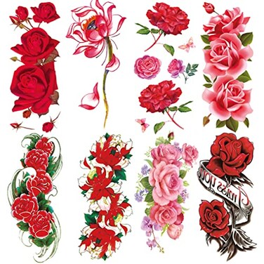 Oottati 8 Sheets Arm Flower Temporary Tattoos - Red Rose Lotus For Men and Women