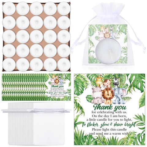 MTLEE 50 Sets Baby Shower Candle Favors for Guests Including 50 Pcs Tea Light Candles and 50 Thank Tags and 50 Return Gift Bags for Baby Shower Gender Reveal Party Favors (White,Animals)