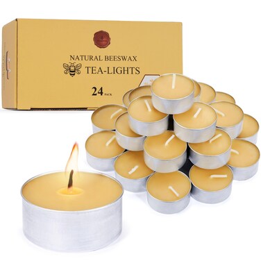 Natural Beeswax Tealight Candles in Metal Aluminum Cup - Organic Mini Candle Natural Scent Smokeless 4-5 Hours Long Burning - Yellow, Pack of 24