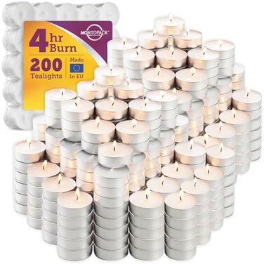 MontoPack Unscented Tea Lights Candles in Bulk   200 White, Smokeless, Dripless &amp; Long-Lasting Paraffin Tea Candles   Small Votive Mini Tealight Candles for Home, Pool, Shabbat, Weddings &amp; Emergencies