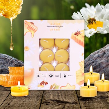Ashlux Unscented Beeswax Tealight Candles 20 Pack, 4 Hours Long Burning Handmade Yellow Tea Lights Candles, Clear Cup Smokeless Beeswax Candles for Wedding, Party, Centerpiece &amp; Christmas