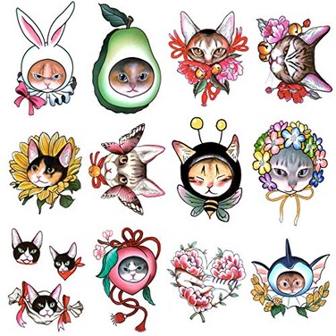 Oottati 30 Sheets Super Cute Tiny Cats Head Flower Temporary Tattoo Suit for Kids Women