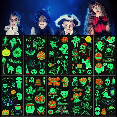 TOROKOM 10 Sheets Halloween Tattoos for Kids, Glow in the Dark Halloween Tattoo Cartoon Ghost Monster Skeletons Witch Halloween Kids Temporary Tattoo Halloween Treats for Party Supplies