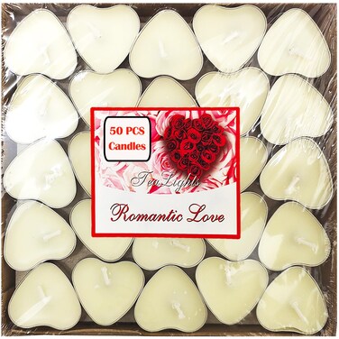 xlehoely 50 Pack Tea Light Candles,Heart Shaped Unscented Tealight Candles,Romantic Love Smokeless Tea Lights Candles,Dripless &amp; Long Lasting Tea Candles for Mood,Romantic Decor,Pool,Dinners (White)