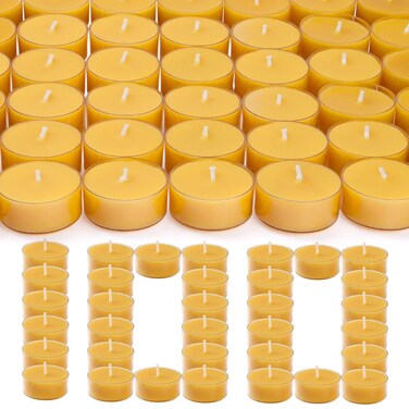 100 Pack Pure Beeswax Tealight Candles   Natural Unscented Beeswax Candles in Bulk, Clean Burning, Yellow