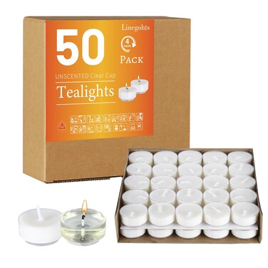 Linegohts Unscented Clear Cup Smokeless Tea Lights - 50 Pack White Palm Tealight Candles - 4+ Hour Burn Time - Clean-Burning Votive Tealights Candles for Home, Shabbat &amp; Anniversaries (50 Pack)