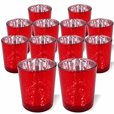 PMLAND Speckled Mercury Glass Votive Candle Tealight Holders - Bulk Pack of 12 Red