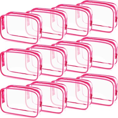 Weewooday 12 Pieces Clear Cosmetics Bag PVC Zippered Clear Toiletry Carry Pouch Cosmetic Makeup Bag Waterproof Makeup Bag Vinyl Plastic Organizer Case for Vacation Bathroom(Small,Rose Red)