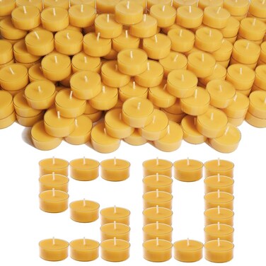 Pure Beeswax Tealight Candles   50 Pack Natural Unscented Beeswax Candles, Long Burning 4+ Hours Clean Burning, Yellow